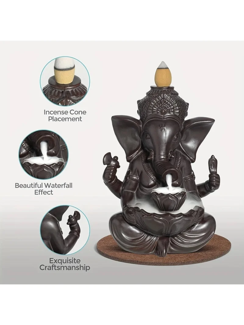 1pc Ganesha Waterfall Incense Burner, Ceramic Backflow Censer Incense Holder, Yoga Aromatherapy Elephant Ornament Home Decor 4