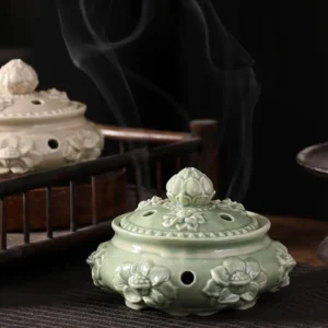 Porcelain Relief Lotus Coil Incense Holder Chinese Style Chan Aromatherapy Burner Lotus Censer Living Room Home Decor 1