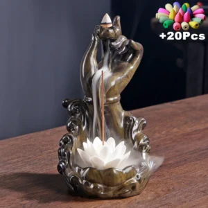 +20Pcs Incense Cones Stand Buddha Hand Lotus Monk Guanyin Blessing Lucky Feng Shui Decoration Waterfall Backflow Incense Burner 1