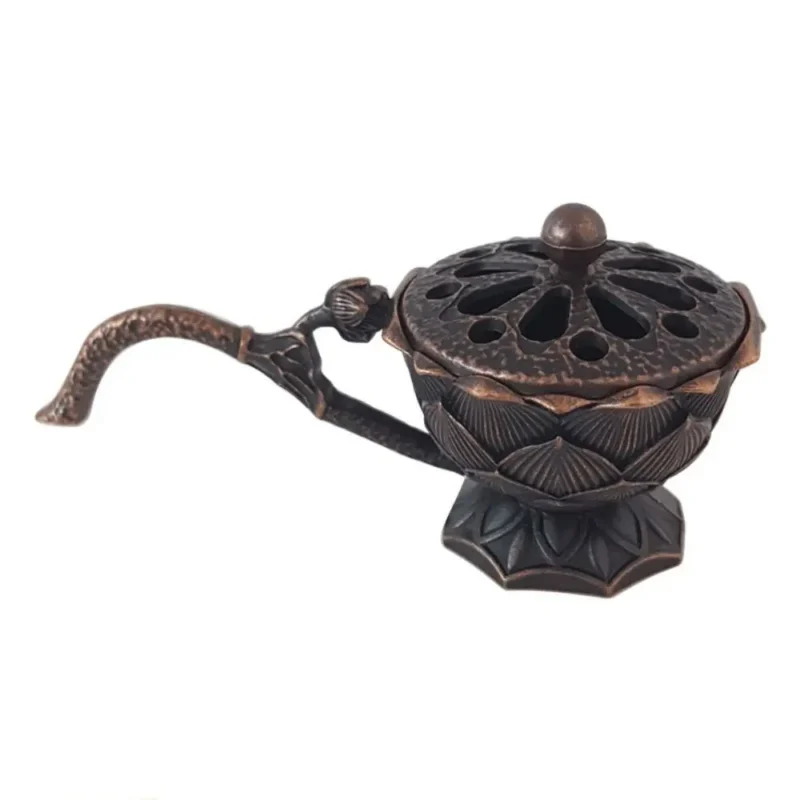 Retro Small Lotus Hand Stove with Cover Hollow Out Sandalwood Incense Burner Yoga Studio Classic Decoration 4