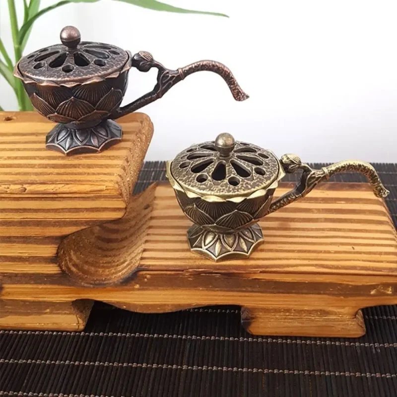 Retro Small Lotus Hand Stove with Cover Hollow Out Sandalwood Incense Burner Yoga Studio Classic Decoration 5