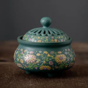 Ceramic Enamel Floral Pattern Aromatherapy Burner Coil Incense Holder Chan Fragrance Censer for Living Room Home Decor 1