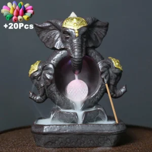 New Lucky Feng Shui Elephant God Statue Home Decoration Handicraft Ceramic Waterfall Incense Burner With Led Color Changing Ball 1