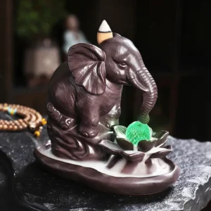 Creative Lotus LED Color Changing Elephant Home Decor Ornaments Waterfall Backflow Incense Burner Purple Clay Incense Censer 1