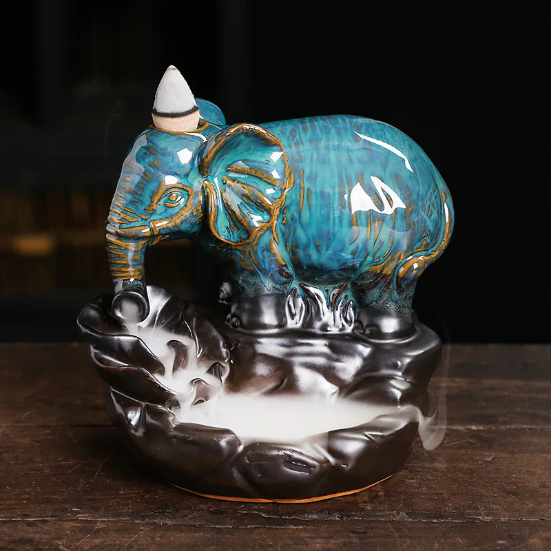 1pc Handicrafts Blue Elephant Backflow Incense Burner Ceramic Incense Censer Home Ornament -No Incense 6